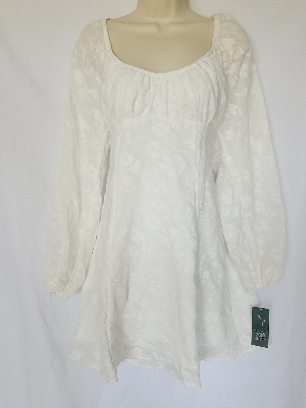 White Floral Embroidered Flowy Milk Maid Top Sheer Bishop Sleeved Dress Bride L